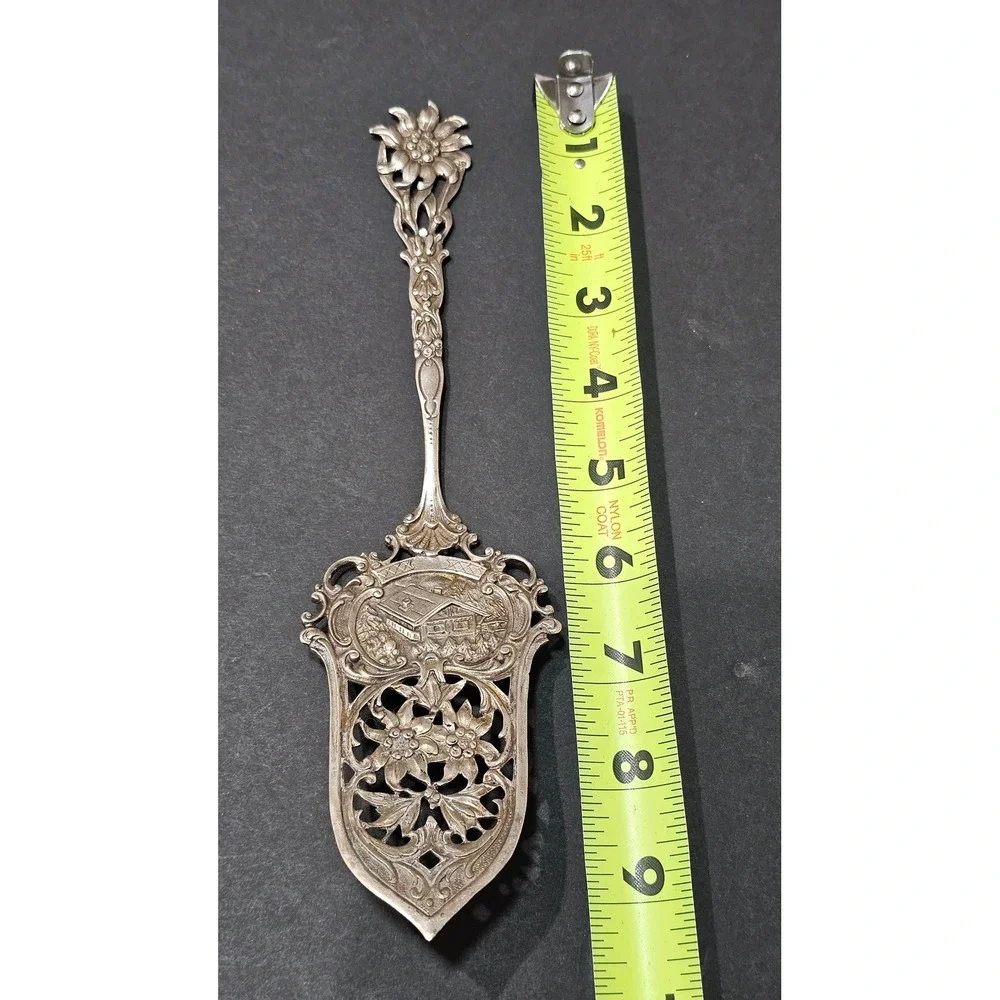 Antique Signed‎ German 800 Silver Cake Server Edelweiss Alpine Chalet Repousse